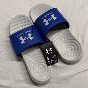 Under Armour Royal Blue and Silver Slides